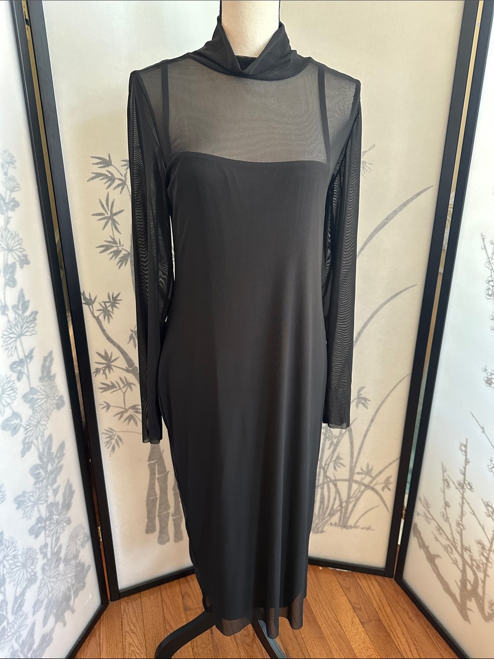 AFRM Black Long-Sleeve Two-Piece Sheer Yoke Midi Dress